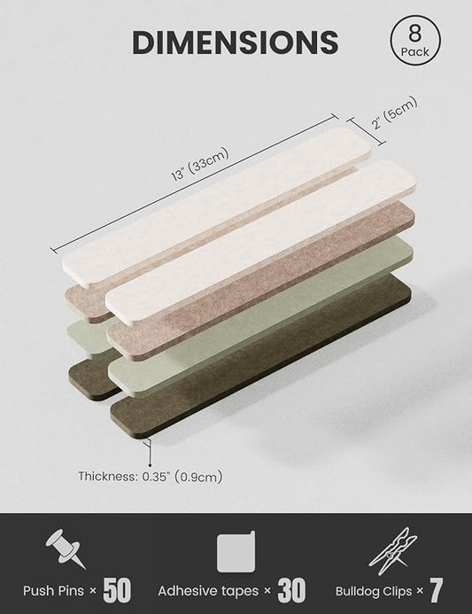 Cork Board Alternative Felt Strip Board 8-Pack 13"x2", Office Pin Board with 50 Push Pins, Adhesive Install for Bedroom Door & Home Office(Linen Dusk)