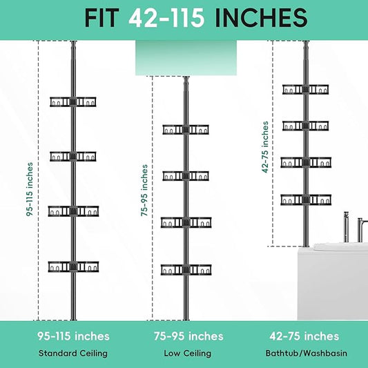 HEVEL Corner Shower Caddy Tension Pole, Adjustable Shower Organizer Corner 62-115 Inch, Rustproof Bathroom Storage Shower Shelves, Black