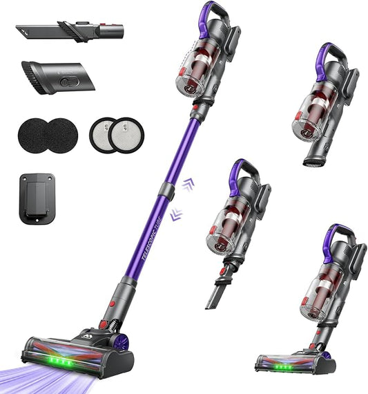 AlloyMove Cordless Vacuum Cleaner 45KPA, Up to 60mins Runtime Lightweight Powerful Suction Vacuum Cleaners for Home, 3 Suction Modes, Rechargeable Stick Vacuum for All Floor/Carpet/Pet Hair/Car, A03