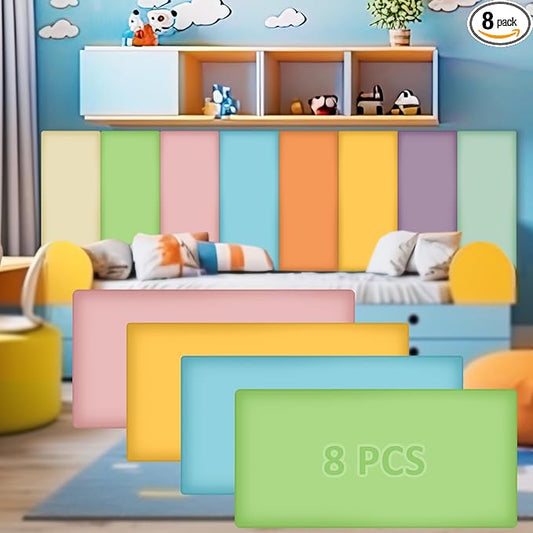 8 Pack Wall Padding for Playroom Peel and Stick Headboard 23.62" x 11.81" x 1.18" 3D Anti Collision Upholstered Wall Panels Self Adhesive Headboard Panel for Protection (Fresh Colors)