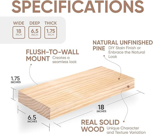 Homeforia 18 inch Wood Floating Shelves, High End Solid Natural Wood 18inch Floating Shelf for Wall Mounted, Unfinished Wooden 18in Floating Shelves, Heavy Duty Bracket, 18 X 6.5 X 1.75 inch, Set of 4