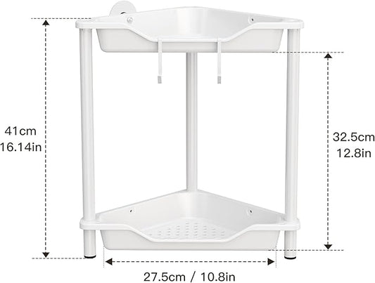 Orimade Rustproof 2 Tier Floor Standing Corner Shower Caddy Organizer, Plastic Metal Splicing Floor Corner Shelf Rack Stands for Bathroom, White