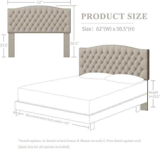 Velvet Upholstered Headboard Queen/Full Size Latest Model Wall Mount, Bed Frame Mount, Featuring High-Density Sponge Padding, Luxury Texture Easy Assembly Comfort and Style-Taupe