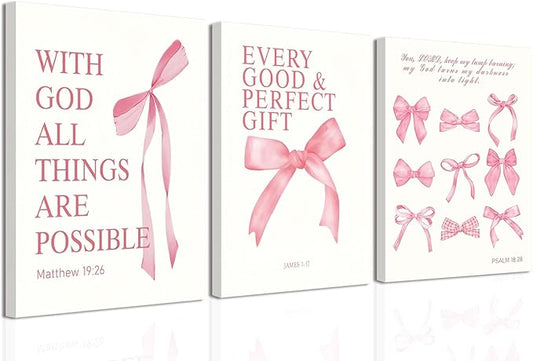 3 Pcs Coquette Pink Bow Canvas Wall Art Inspirational Bible Verses Bow Posters Wall Decor Pink Bow Room Pictures Prints Aesthetic for Girls Room Living Room Bedroom Bathroom Dorm 12x16 Inch Framed