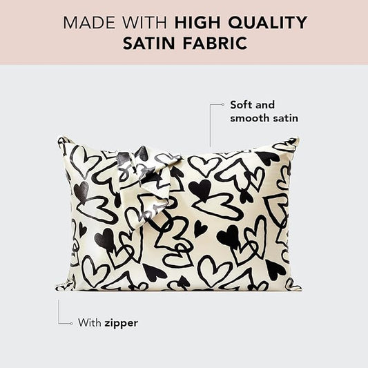 Kitsch Satin Pillowcase with Zipper for Hair & Skin, Softer Than Silk Pillow Cases Queen, Wrinkle-Free, Smooth and Cooling Satin Pillow Covers, Standard Size 19"x26" - Heart