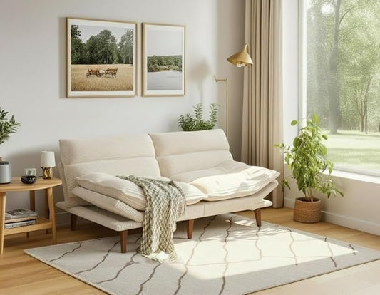 Amada Convertible Futon Sofa Bed - Corduroy Loveseat with Adjustable Backrest & Armrests, Thickened Seat Cushion, Small Space Sleeper Couch for Apartment, Study Room & Office(Off-White,66 Inch )