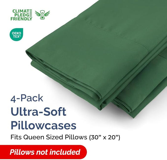Queen Pillow Cases - 4 Pack - Super Soft Pillowcase Covers - Envelope Enclosure - Hotel Quality Pillow Protectors - Wrinkle Free, Fade & Stain Resistant - Machine Washable - 20" x 30" (Emerald Green)