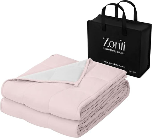 ZonLi Weighted Blanket for Adults(48"x72",15lbs, Pink/Light Grey) Twin Size High Breathability Cooling Heavy Blanket, Soft Material with Premium Glass Beads,All-Season.