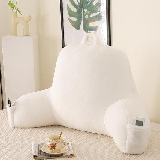 Reading Pillow for Sitting in Bed, Large Backrest Reading Pillow with Arm Rest,Back-Rest Support Cushion for Sit Up on Couch, Sofa, and Floor, Dorm Essentials (White Faux Fur, Large(19"))