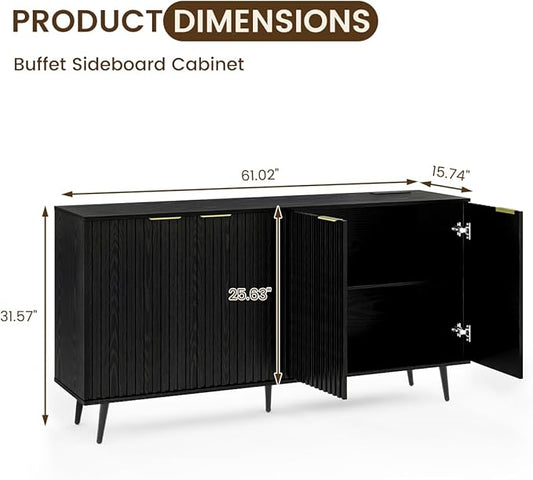 COCO DESIGN 61" Buffet Sideboard with Fluted Panel Doors, Power Outlet & Adjustable Shelves, Storage Cabinet with Metal Legs, Modern Farmhouse Console for Kitchen Dining Living Room Entryway, Black