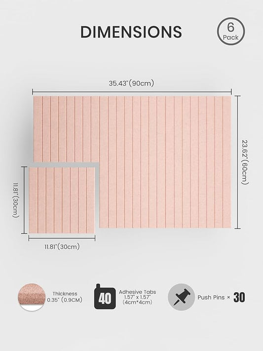 Bumusty Large Cork Board Alternative-36 x24 Felt Bulletin Board Tiles, with 30 Pushpins, 40 Adhesive Tabs, 6-Pack Slat Wall Paneling, Cork Boards for Office Push Pin Board Felt Board-Pink