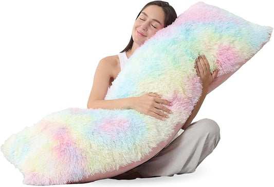 ZonLi Fluffy Faux Fur Rainbow Body Pillow,Adjustable Memory Foam Fill with Washable Cover,20x54 Long Pillow for Adults Girls & Kids, Side Sleep Body Pillow