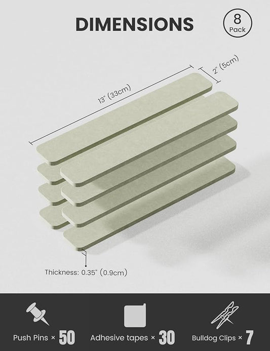 Cork Board Alternative Felt Strip Board 8-Pack 13"x2", Office Pin Board with 50 Push Pins, Adhesive Install for Bedroom Door & Home Office(Sage)