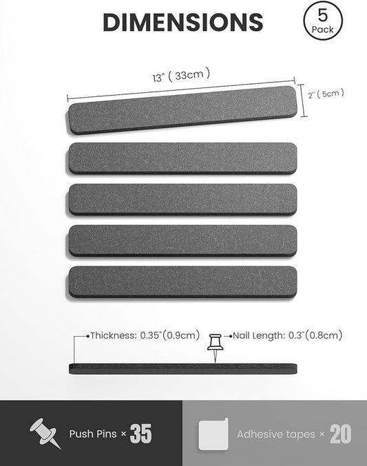 Cork Board Alternative Felt Strip Board 5-Pack 13"x2", Office Pin Board with 35 Push Pins, Adhesive Install for Bedroom Door & Home Office(Charcoal Gray)