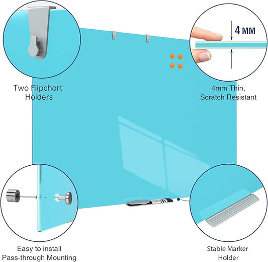 TSJ OFFICE Glass Dry-Erase Board - 48 x 36 Inches Wall Mounted Magnetic Whiteboard, Large Frameless Glass White Board for Office, Home & School, Blue