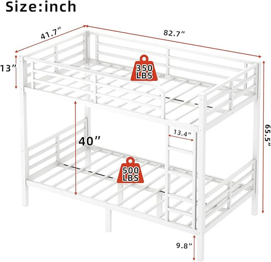 Twin XL Over Twin XL Bunk Bed, Metal Bunk Bed Frame Heavy Duty Bunk Beds Loft Bed Frame with Ladder and Guardrail Metal Slats No Box Spring Required for Adults Teens, White