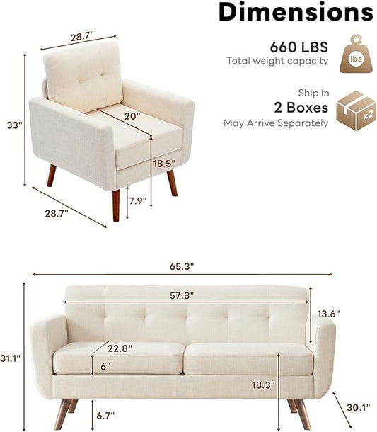 Tbfit Mid Century Modern Sofa Couch, Beige, Loveseat & Accent Chair