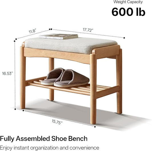 Solid Wood Shoe Bench Assembled, Shoe Rack Bench with Cushion for Entryway, Living Room, Bedroom, Hallway, 11.8" x 17.7" x 16.5", Natural