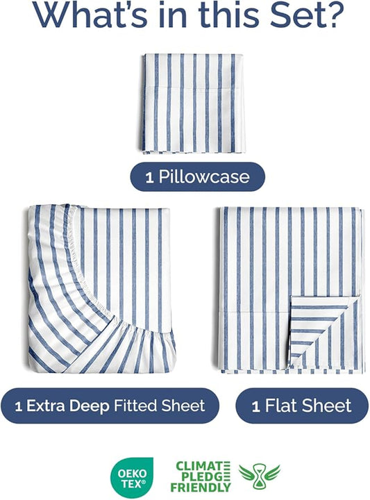 Extra Deep Pocket Twin Sheets - 3 Piece Breathable & Cooling Bed Sheets - Hotel Luxury Bed Sheet Set - Soft, Wrinkle Free & Comfy - Easily Fits Extra Deep Mattresses - Deep Pocket Blue Striped Sheets
