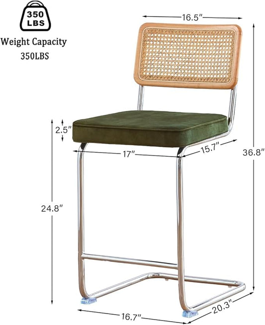 Natural Rattan Bar Stools Set of 3 with Solid Wood Back, 24 Inch Mid Century Modern Counter Height Stools, Green Upholstery Boho Stool for Kitchen Counter with Chrome Metal Legs