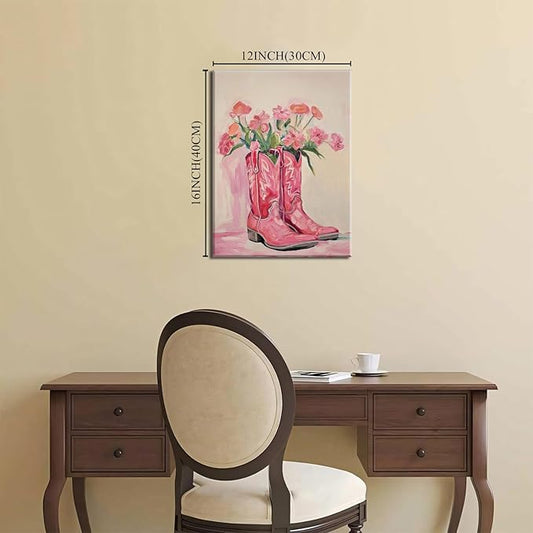 Julaydi Floral Cowgirl Boots Wall Art Pink Cowboy Boots with Flower Painting Western Aesthetic Canvas Prints Poster Trendy Preppy Girls Room Decor Picture for Living Room Bedroom Dorm 12x16in Framed