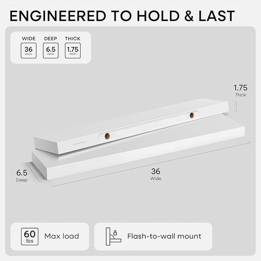 Homeforia White Floating Shelves 36 inch, High End Solid Real Wood 36inch Floating Shelf for Wall Mounted, White Wooden 36in Long Floating Shelves, Heavy Duty Bracket, 36 X 6.5 X 1.75 inches, Set of 3