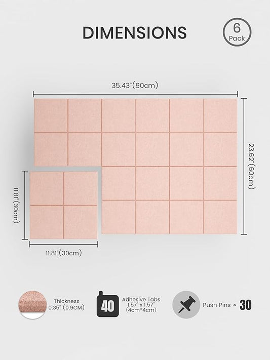 Bumusty Large Cork Board Alternative-36 x24 Felt Bulletin Board Tiles, with 30 Pushpins, 40 Adhesive Tabs, 6-Pack Slat Wall Paneling, Cork Boards for Office Push Pin Board Felt Board-Pink