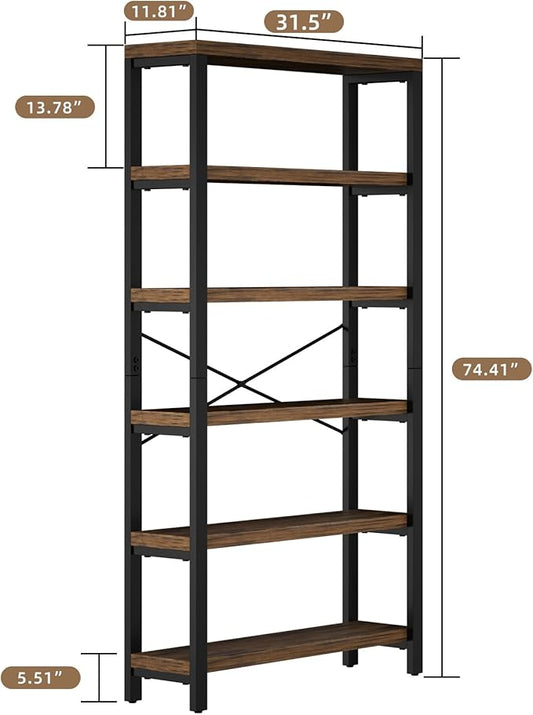 6-Tier Adjustable Heavy Duty Bookshelf, Industrial Wood and Metal Bookshelf, Vintage Bookcase with Lock Wall Design, Shelves for Room Wall Standing, Rustic Brown