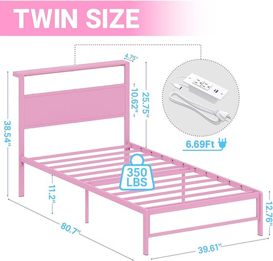 Weehom Twin Bed Frames with Headboard Shelf Storage, Wood Twin Bed Frame with Charging Station and LED Lights, No Box Spring Needed Twin Size Metal Bed Frame for Kids Students, Pink
