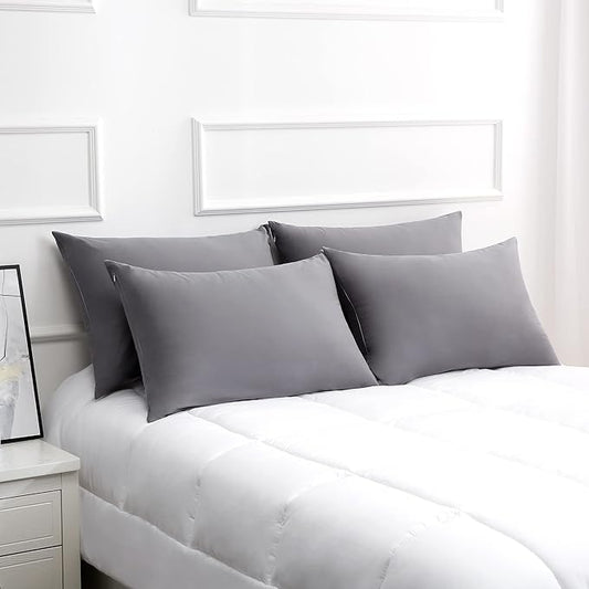 Cotton Pillow Protectors/Cases Queen Size with Zipper 4 Pack Grey Color,Cooling & Breathable Bed Pillow Protectors Set of 4 Pillow Cases Cover (Queen Size 20" x 30")