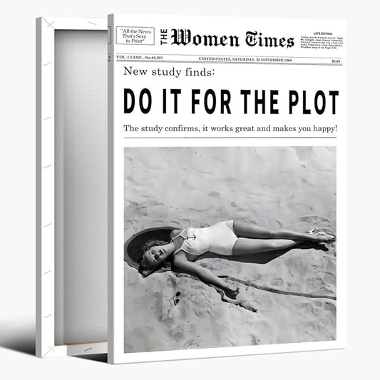 Vintage Women Times Do It for The Plot Wall Art Trendy Black and White Canvas Print Poster Vintage Woman Times Newspaper Prints Beachy Hot Girl Wall Decor for Bar Cart Girls Dorm Bedroom 16x24inch Framed