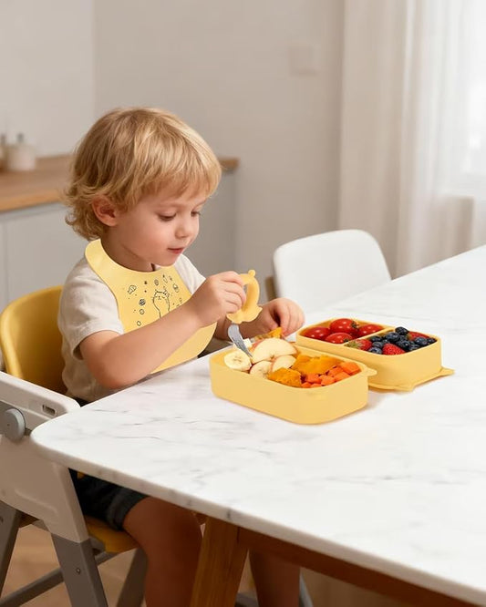 Portable Baby Plates with Suction, 6Pcs Travel Silicone Feeding Set for Toddlers, Foldable, Non-Slip Dishwasher Safe Plates & Utensils, BPA Free, Cat Design Gift Ready(Pale Yellow)