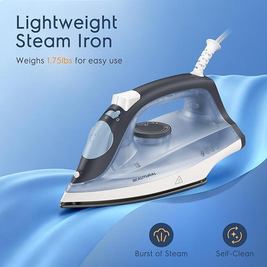 BEAUTURAL Steam Iron for Clothes, Non-Stick Soleplate, Burst of Steam, Spray Mist, Self-Cleaning, Anti-Calcium, Anti-Drip, Easy Temperature Control, Light Weight, 1200 Watts