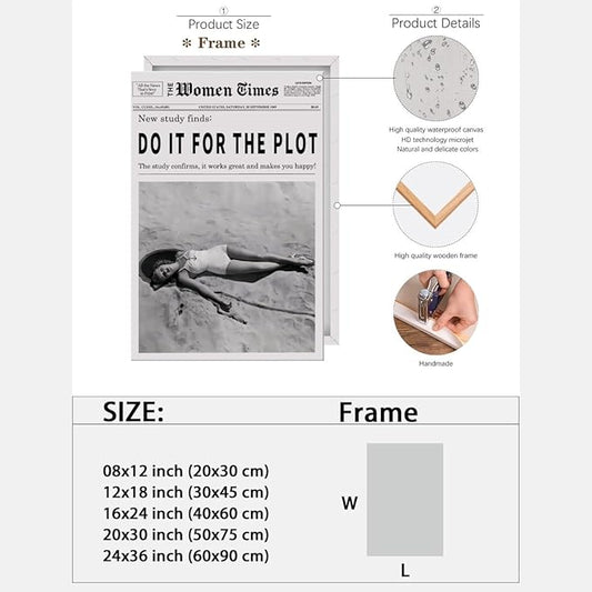 Vintage Women Times Do It for The Plot Wall Art Trendy Black and White Canvas Print Poster Vintage Woman Times Newspaper Prints Beachy Hot Girl Wall Decor for Bar Cart Girls Dorm Bedroom 16x24inch Framed