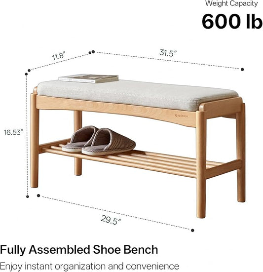 Solid Wood Shoe Bench Assembled, Shoe Rack Bench with Cushion for Entryway, Living Room, Bedroom, Hallway, 11.8" x 31.5" x 16.5", Natural