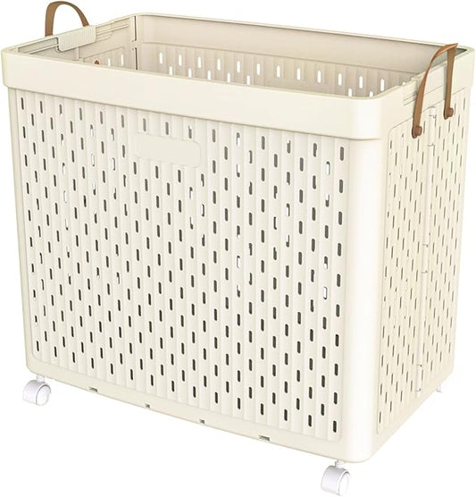 UAK Laundry Basket with Wheels, Collapsible Plastic Laundry Hamper with Handle, Foldable Laundry Basket Organizer for Laundry and Bathroom Ivory, XXXXL (110L)
