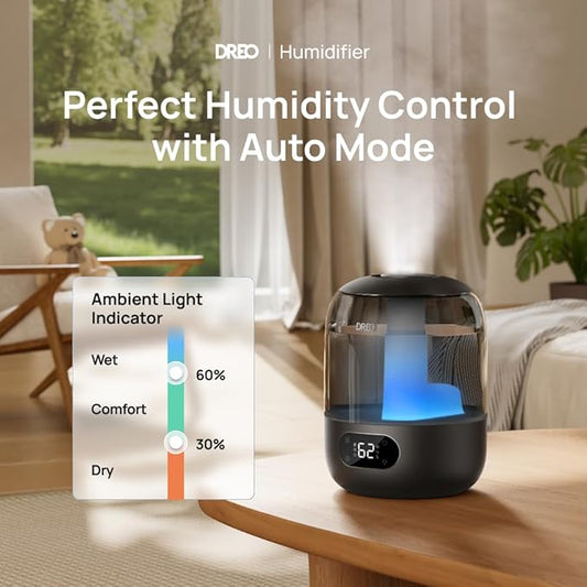 Dreo Humidifiers for Bedroom, 3L Top Fill 30H & 26dB Quiet Runtime for Large Room, Cool Mist Ultrasonic Humidifier with Humidity Sensor, Night Light for Home, Baby, Nursery, Plants, 360° Nozzle, Black