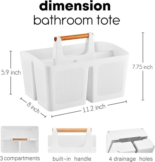 ALINK Portable Shower Caddy Basket with Compartments, Plastic Divided Cleaning Caddy Organizer Storage Tote with Handle for Bathroom, College, Dorm Room Essentials, White