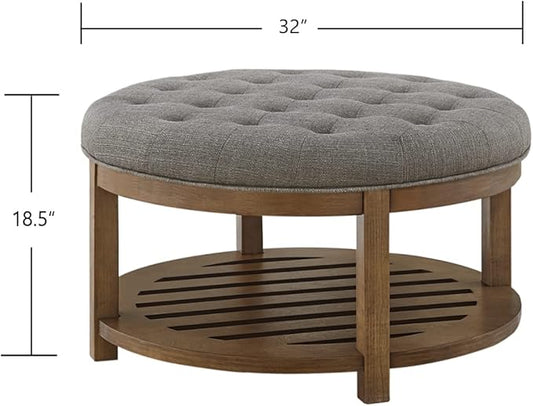 24KF Large Round Upholstered Tufted Linen Ottoman Coffee Table, Large Footrest Ottoman with Wood Shelf Storage-Granite