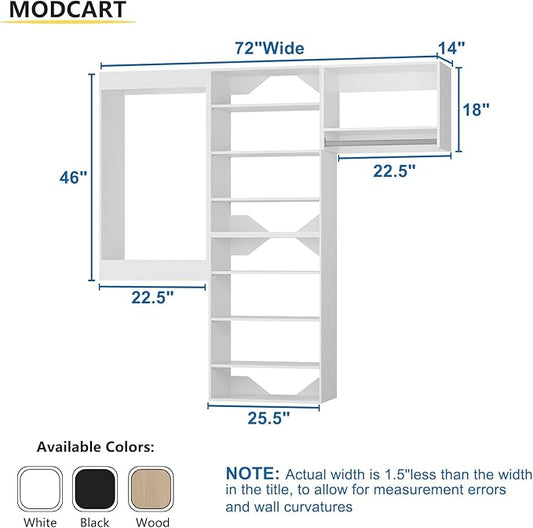Modular Closet Organizer, 72" Wide Tower System with Hanging, Wall Mounted Wardrobe Organizer Kit, White
