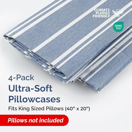 King Pillow Cases Set of 4 - Ultra Soft Hotel Quality Pillowcase Covers - Comfy, Cozy & Wrinkle Free - Shrinkage and Fade Resistant - Machine Washable Pillow Protectors - 4 Piece Set - Blue Stripes 3