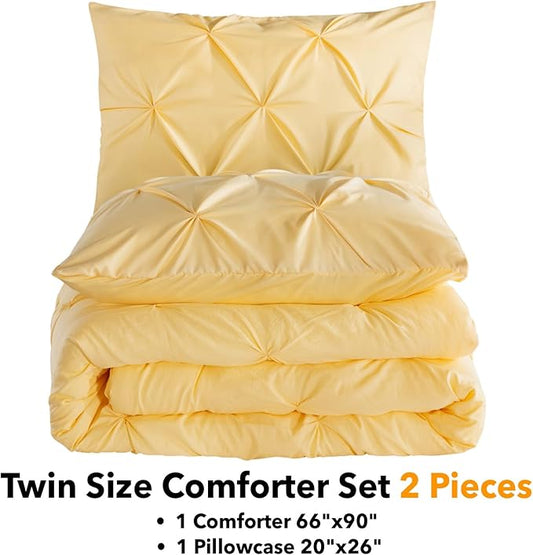 Andency Yellow Pinch Pleat Comforter Twin(66x90Inch), 2 Pieces(1 Pintuck Comforter and 1 Pillowcase) Pintuck Comforter Set, Microfiber Down Alternative Comforter All Season Bedding Set