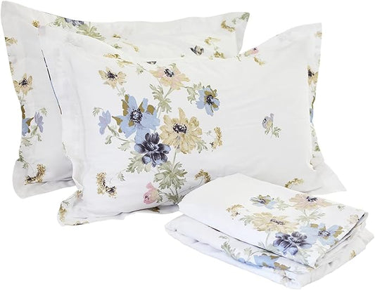 FADFAY 4-Piece Shabby White Floral Bed Sheet Set Cotton Bed Sheets, Cal. King
