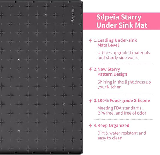 Sdpeia Under Sink Mat 22"×19" Waterproof Silicone Cabinet Liner & Sink Protector for Kitchen & Bathroom, Multi-Purpose Organizers Tray for Pets, Laundry, Cat Litter Mat, Black