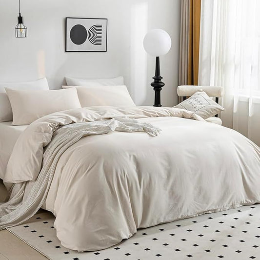 JELLYMONI Beige Duvet Cover Twin Size - 100% Washed Cotton Linen Feel Textured Comforter Cover, 2 Pieces Breathable Soft Bedding Set with Zipper Closure (Beige, Twin 68"x90")