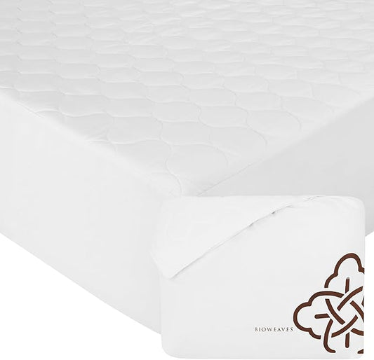 Bioweaves 100% Organic Cotton Mattress Pad Cover, GOTS Certified Cooling 300GSM Quilted Fitted Mattress Topper & Protector with Soft Cotton Wadding - White, 20 Inch Deep Pocket, California King