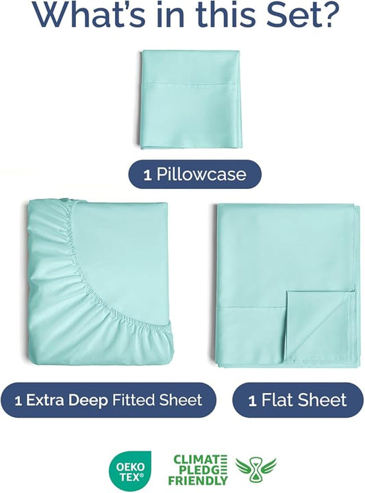 Extra Deep Pocket Twin Sheets - 3 Piece Breathable & Cooling Bed Sheets - Hotel Luxury Bed Sheet Set - Soft, Wrinkle Free & Comfy - Easily Fits Extra Deep Mattresses - Deep Pocket Spa Blue Sheets Set