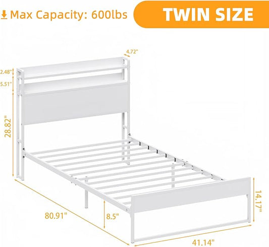 Elephance Twin Bed Frames,Metal Platform Bed Frame with 2-Tier Storage Headboard, No Box Spring Needed, Noise Free, Easy Assembly,White