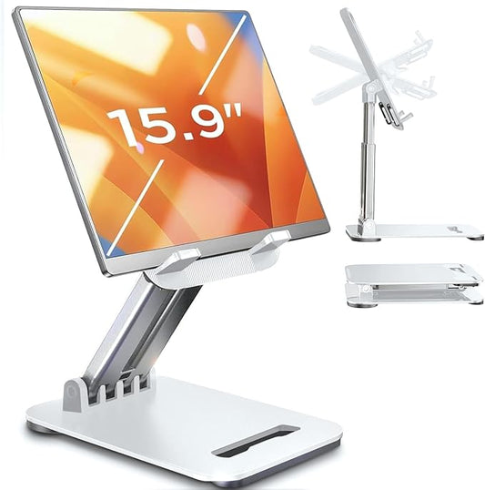 LISEN Tablet Stand for iPad Stand Holder Desk, Foldable Home Office Desk Accessories Travel for iPad Holder Dorm College Essentials Portable Monitor Fits Tabs Kindle iPhone 4-15.9" Black (White)