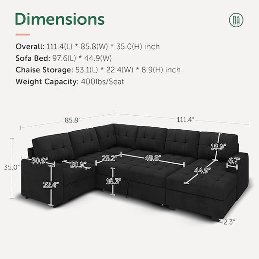 HONBAY Sectional Sleeper Sofa with Pull Out Bed, Sleeper Sectional Couch for Living Room, Sofa Bed with Storage Chaise, Velvet Black
